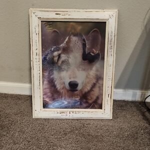 Hobby Lobby White Distressed Frame with Howling Wolf Print
